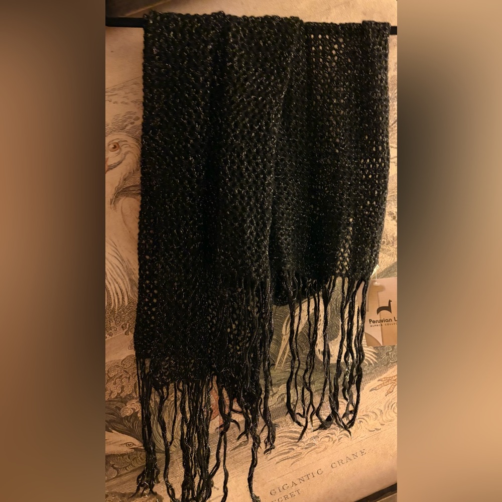 * New Peruvian Link Open Stitch Black Shawl Wrap Scarf silver Accents Fringe *